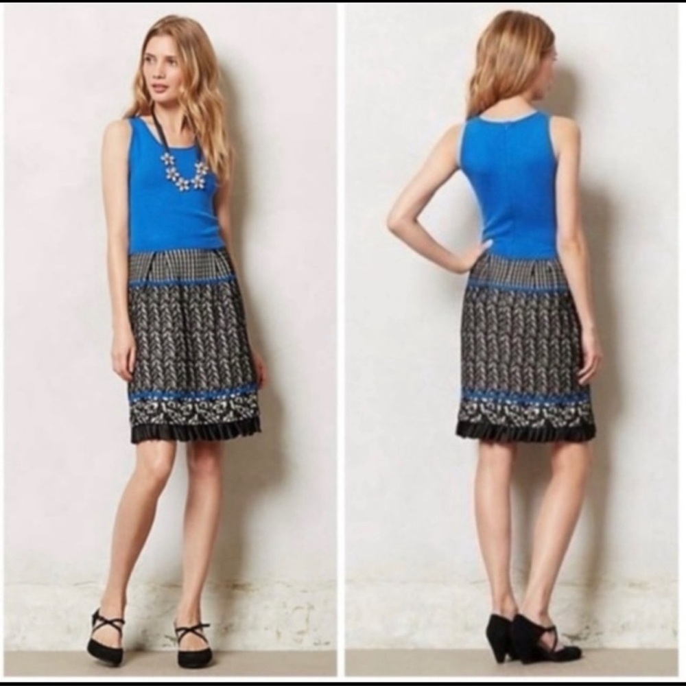 Girls of Savoy Anthropologie Arden sweater dress sleeveless blue black ruffled